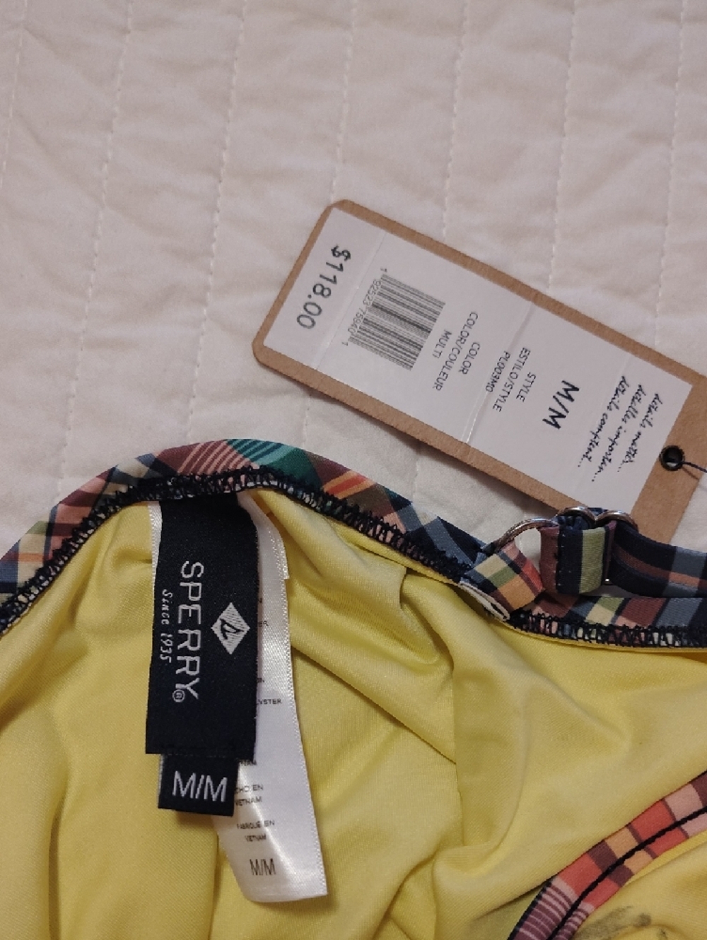 Sperry Plaid-Trim One-Piece Swimsuit in Navy, Pink & Yellow NWT - Picture 3 of 3